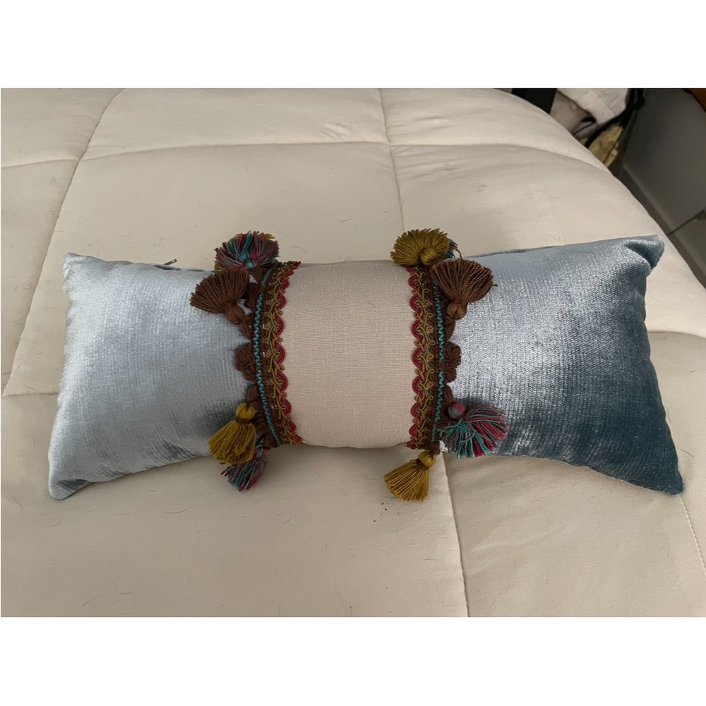 Blue Velvet Lumbar Pillow with Tassel Trim